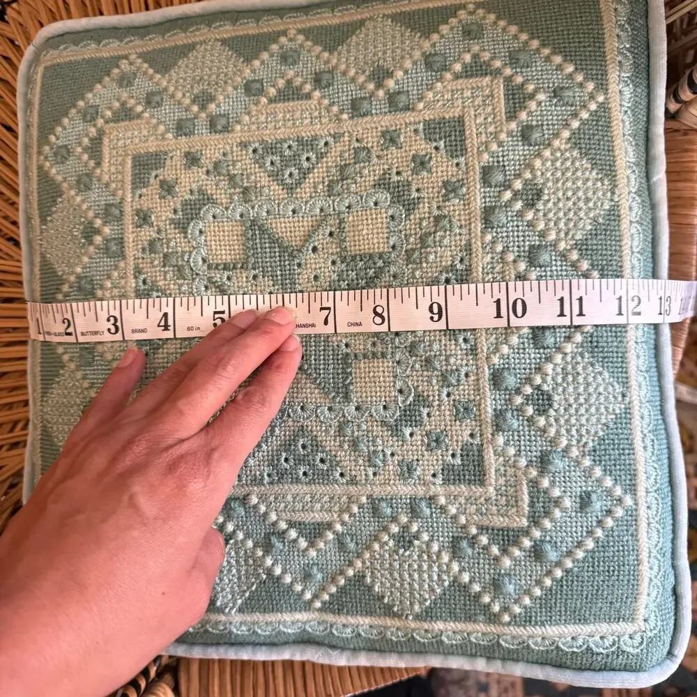 Vintage Hardanger Embroidery pillow blue decorative pillow 13x13 in